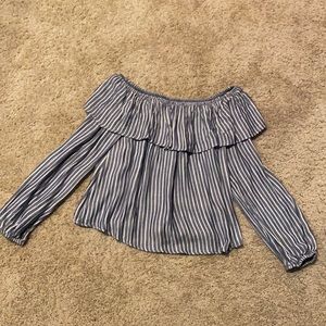 Off the shoulder blue and white striped blouse with ruffle detail